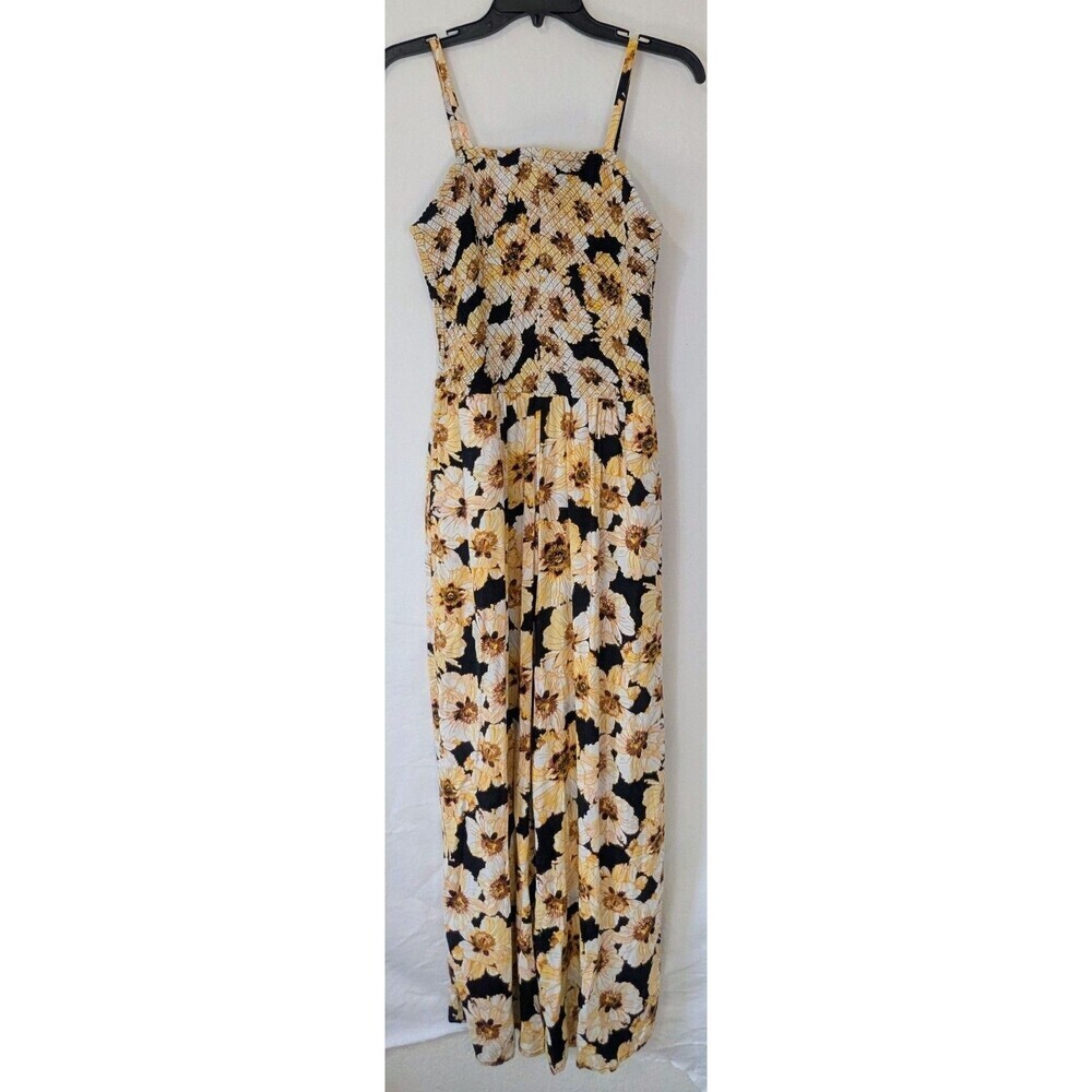Maurices Floral Smocked Jumpsuit Yellow Black Wide Leg Women's Size Medium